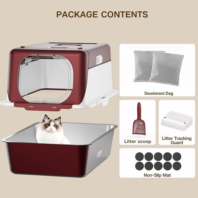 XX-Large Stainless Steel Cat Litter Box with Lid – Fully Enclosed Large Litter Box for Big Cats, Odor Control with Magnetic Door, Easy Clean, Multi-Cat Durable Metal Pan (Burgundy)-Mewly Pet