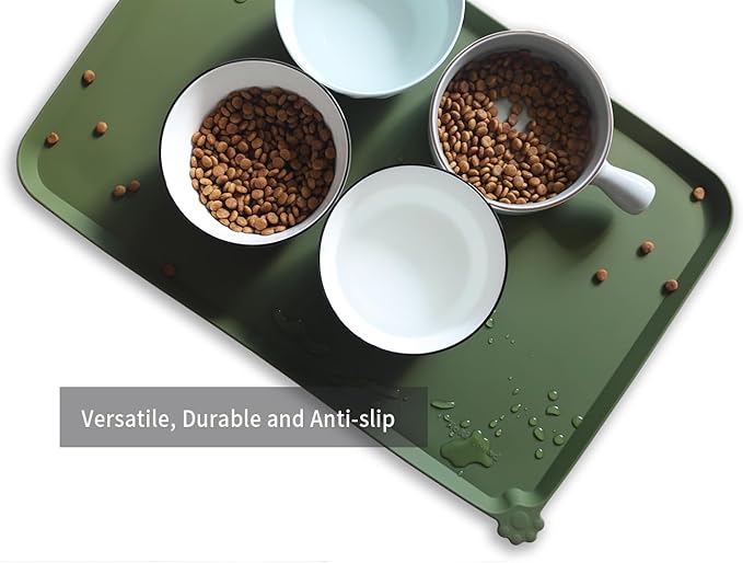 Hoki Found L Silicone Non Slip Pet Dog Cat Bowl Mats - Waterproof Dog Cat Food Mats - Dark Olive-Mewly Pet