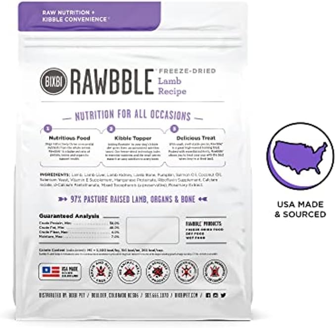 BIXBI Rawbble Freeze Dried Dog Food, Lamb Recipe, 26 oz - 97% Meat and Organs, No Fillers - Pantry-Friendly Raw Dog Food for Meal, Treat or Food Topper - USA Made in Small Batches-Mewly Pet