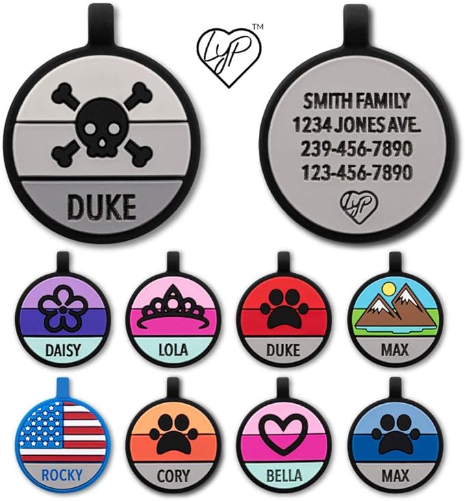 LYP Original Soundless Pet ID Tags | Custom Dog Tags Personalized for Pets | Durable Silicone Deep Engraved Dog Tag | No More Jingling | Skull & Crossbones-Mewly Pet