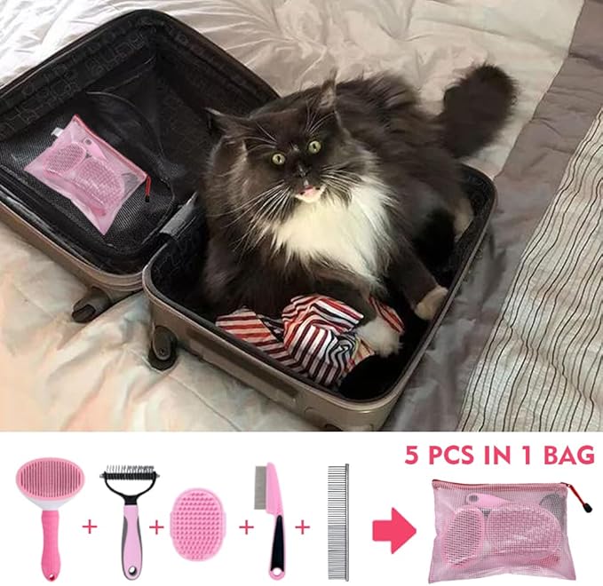 Dog Grooming Kit - Deshedding Brush for Short Hair, Slicker Brush, Flea Comb, Puppy Brush Set in Pink-Mewly Pet