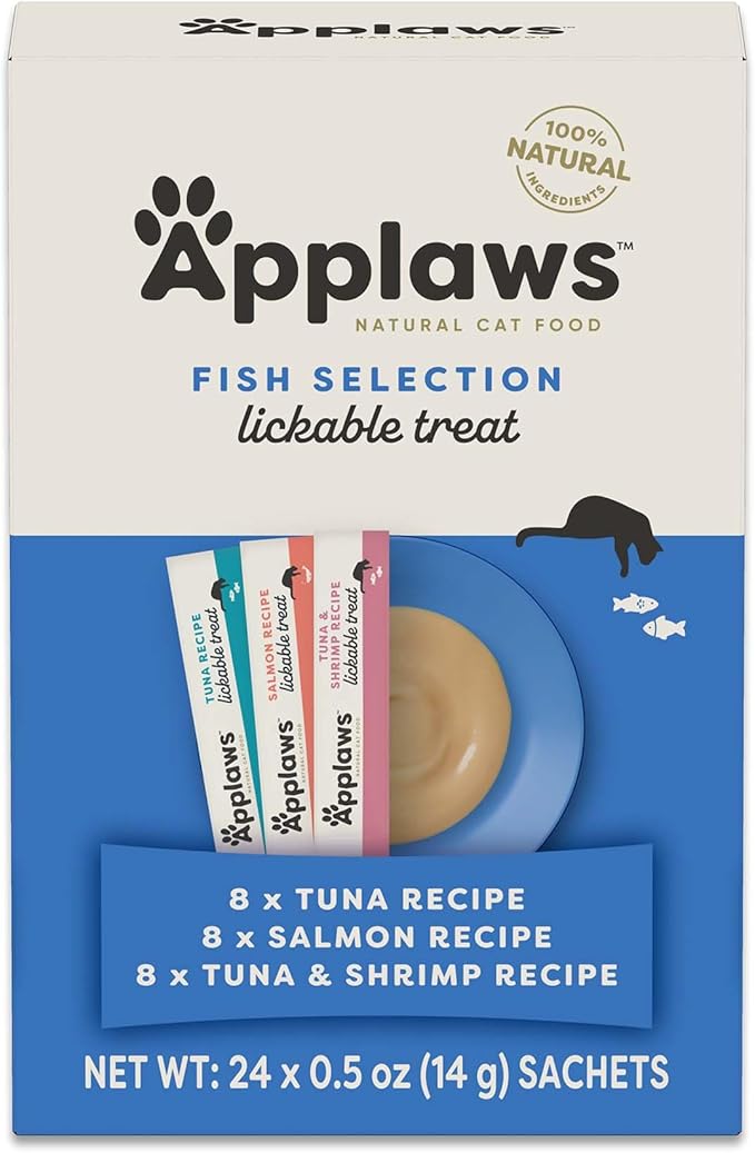 Applaws Lickable Cat Treats, Natural Grain-Free Purée, Limited Ingredient, Fish Squeeze Up Cat Treats (24 x 0.25 oz Sachets)-Mewly Pet