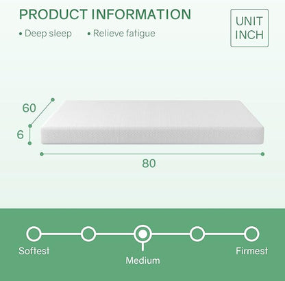 Queen Size Mattress,Fiberglass Free 6 Inch Green Tea Cooling Gel Memory Foam Mattress in a Box,Medium-Firm,Pressure Relief&Temperature Regulation,CertiPUR-US Certified,White