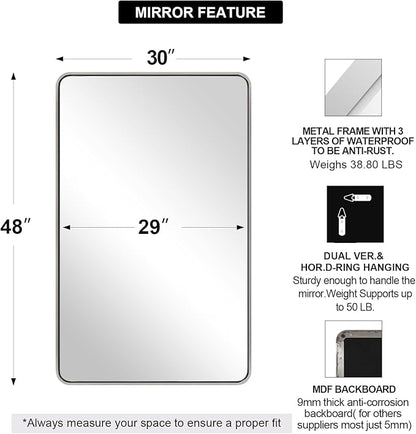 ANDY STAR 48”X30” Chrome Bathroom Mirrors, Polished Chrome Vanity Mirror, Rounded Rectangle Mirror for Wall, SUS304 Anti-Rust Tube Metal Frame, Wall Mounted Horizontal/Vertical 1’’ Deep
