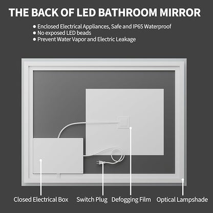 Koonmi 36x36 LED Bathroom Mirror, Backlit + Front Lit, LED Bathroom Mirror with Lights for Wall, 3 Colors, Anti-Fog, Dimmable Brightness, Memory Function, Tempered Glass