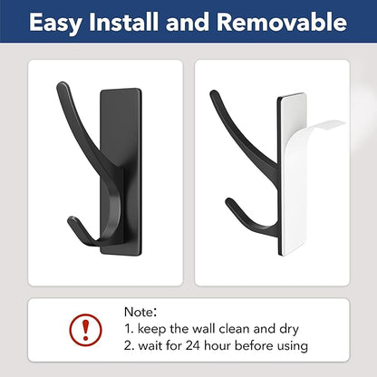 pickpiff Self Adhesive Coat Hooks for Hanging, Heavy Duty Stainless Double Wall Hook for Towel, Backpack, Hat, Sturdy Metal Hanger for Bathroom, Bedroom, Door, Wall Mounted, 10 Pack, Matt Black