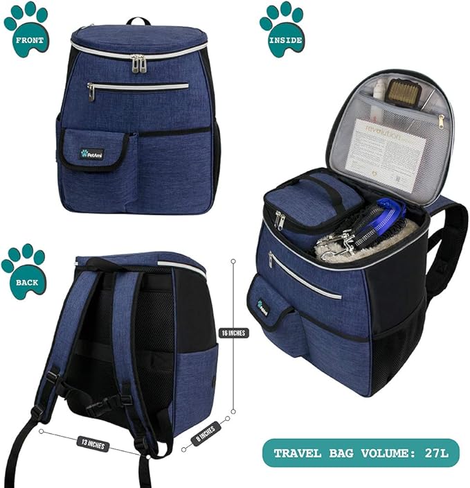 PetAmi Dog Travel Bag Backpack, Airline Approved Dog Bags for Traveling, Puppy Diaper Bag Supplies, Pet Camping Essentials Hiking Accessories Dog Mom Gift, Food Container, Collapsible Bowls, Navy Blue-Mewly Pet