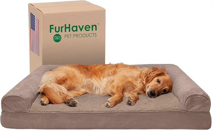 Furhaven Cooling Gel Dog Bed for Large Dogs w/ Removable Bolsters & Washable Cover, For Dogs Up to 95 lbs - Plush & Suede Sofa - Almondine, Jumbo/XL-Mewly Pet
