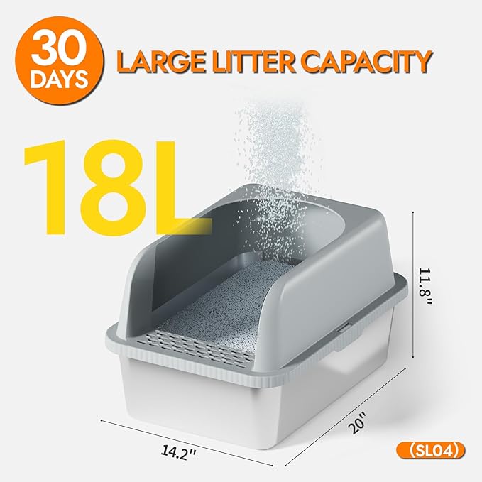 Stainless Steel Cat Litter Box with Lid, 20" L x 14.2" W x11.8 H, Large Cat Litter Box for Multiple Cats with High Sided, No-Leak & Stick, Easy to Clean, Includes Litter Mat & Multi Functional Scoop-Mewly Pet