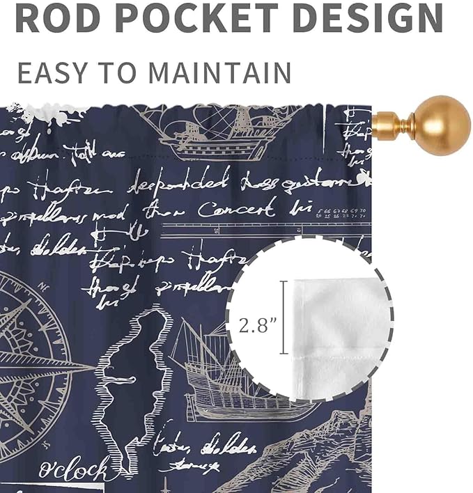 Vintage Nautical Curtains, Marine Coastal Sailboat Compass Anchor Ocean Beach Old Pirate Map Navy Blue Blackout Retro Drapes for Bedroom Living Room Kitchen Bathroom Window 2 Panels, 55"x63" Inch