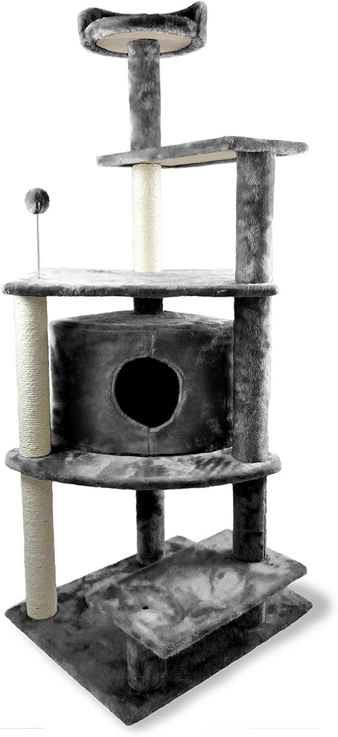 Furhaven 59.8" Tall Cat Tree for Indoor Cats, Ft. Sisal Scratching Posts, Condo, & Toys - Tiger Tough Platform House Interactive Playground Tower - Gray, One Size-Mewly Pet