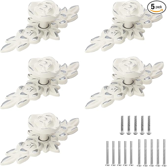 Uenhoy 5 Pcs Rose Cabinet Knobs with Backplate, Vintage Floral Drawer Knob Pulls, Zinc Alloy Rose Flower Drawer Pull Handles for Cabinets and Dresser - 4 Inch, Ivory White with Silver Trim