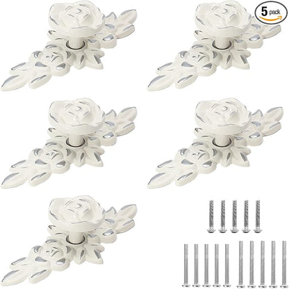 Uenhoy 5 Pcs Rose Cabinet Knobs with Backplate, Vintage Floral Drawer Knob Pulls, Zinc Alloy Rose Flower Drawer Pull Handles for Cabinets and Dresser - 4 Inch, Ivory White with Silver Trim
