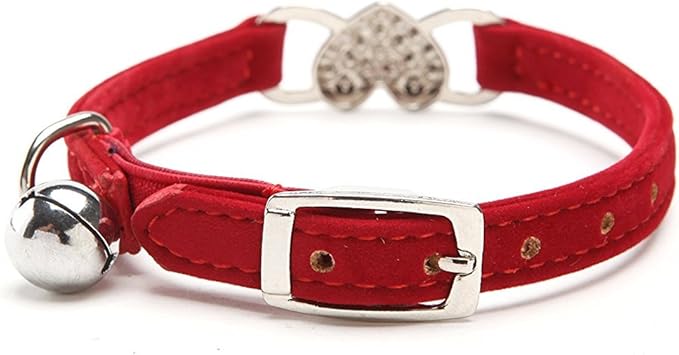 CHUKCHI Pink Soft Velvet Safe Cat Adjustable Collar with Crystal Heart Charm and Bells 8-11 Inches (Red)-Mewly Pet