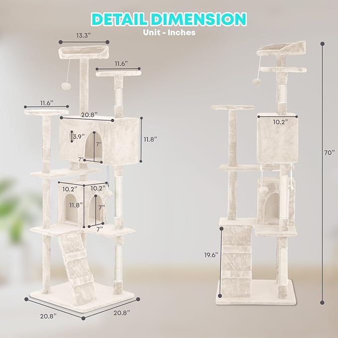 FDW Cat Tree 70in Cat Tower Multi-Level Durable Cat Scratching Post & Cozy Fun Cat Jumping Platform Space Saving Cat Condo Pet Play House for Indoor Cats,Beige-Mewly Pet