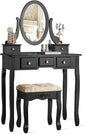 CHARMAID Vanity Table Set with Rotatable Oval Mirror, Bedroom Makeup Table with 5 Drawers for Women Girls, Dressing Table with Cushioned Stool (Black)