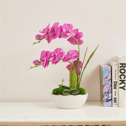 Large Artificial Potted Orchid Plant, Silk Flower Arrangement with Ceramics Vase, Purple Red