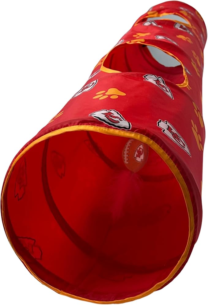 NFL Kansas City Chiefs Cat Tunnel Tube Toy with Plush Football Catnip and Feathers Collapsible Tunnel for Cats to Play, Peek and Hide, Sporty & Fun Cat Tunnel Toy with Team Logo All-Over Design!-Mewly Pet