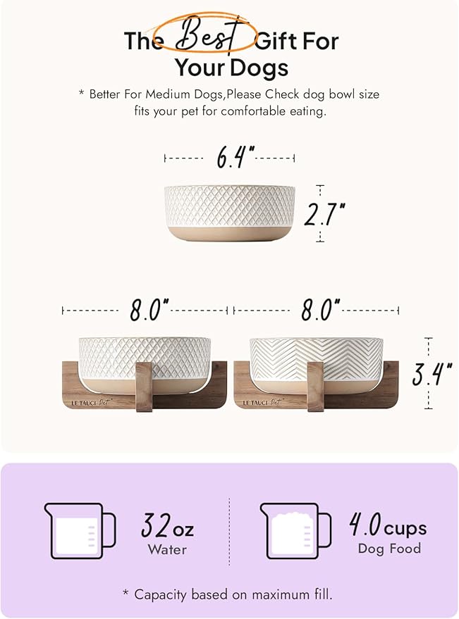 Ceramic Dog Bowl Set, 4 Cups Food and Water Bowl for Medium Small Dogs, Cute Pet Dishes with Wood Stand, Rhombus+Wave Design (Set of 2)-Mewly Pet