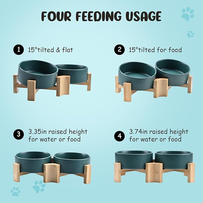 SPUNKYJUNKY 15° Slanted Ceramic Dog and Cat Bowl with Wooden Stand, Tilted Bulldog Food and Water Bowl No Slip Non-Spill for Cats Medium Dogs Big Face Pets 13.5 OZ (1.7 Cups, Green × 2)-Mewly Pet