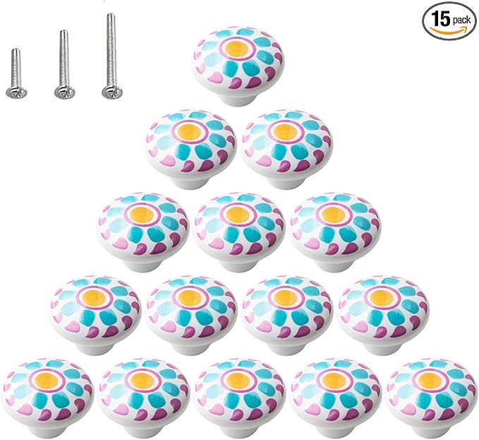 HUAMULAN 15PCS Glossy Ceramic Knobs Button Round Mushroom Cabinet Dresser Vintage Pulls Door Handles Cupboard Wardrobe Drawer, Dia. 1.5 inch 38mm,Colorful Hand Painted