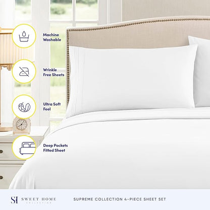 Queen Size Bed Sheets - Breathable Luxury Sheets with Full Elastic & Secure Corner Straps Built In - 1800 Supreme Collection Extra Soft Deep Pocket Bedding Set, Sheet Set, Queen, White