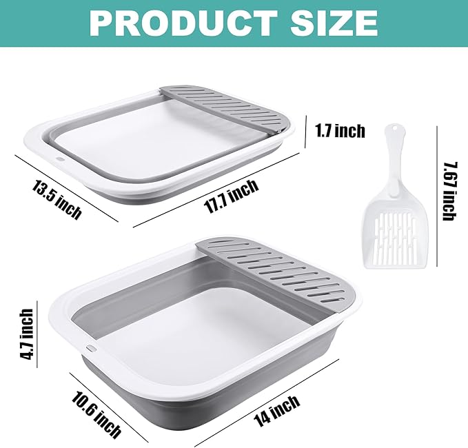 Cat Litter Box for Travel, 18"×14" Grey Small Litter Box for Open Foldable Waterproof Litter Pan,Kitty Litter Box Easy to Clean and Assemble, Portable Litter Box with Scoop-Mewly Pet