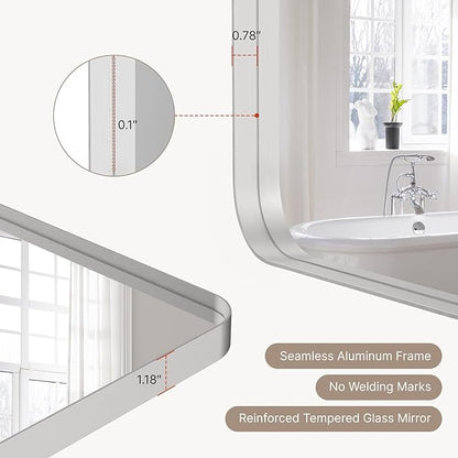 36x24"Bathroom Vanity Mirror for Wall, Aluminum Framed, Farmhouse Rectangle, Anti-Rust, HD Reflection Anti-Desilvering, Distortion Free, Tempered and Shatter-Proof Wall Mounted Mirror, Silver