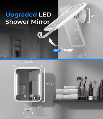 Gospire Heated Shower Mirror Fogless for Shaving with Light, 5000mAh Rechargeable Battery, Detachable Suction Cup and Razor Holder for Wall, NO-Drilling, Removable, Waterproof for Bathroom - White