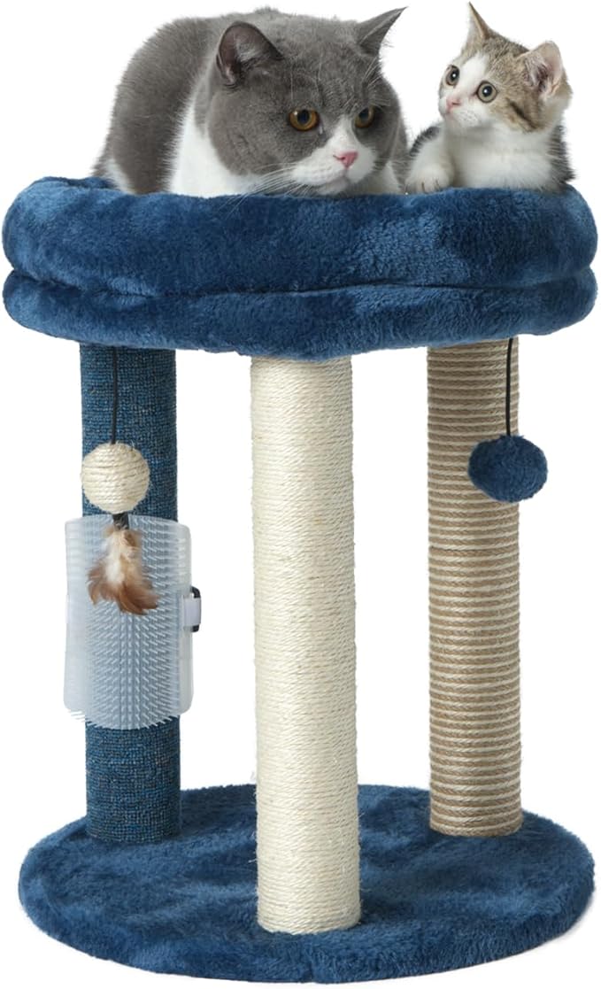 MECOOL Cat Scratching Post Tree with Tower Soft Bed.Natural Quality Sisal Carpet Jute Scratch Posts with Three Hanging Ball Toys and Massage Brush for Indoor Cats and Kittens Blue-Mewly Pet