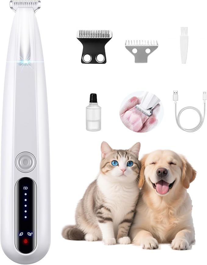 2 Mode Paw Trimmer for Dogs & Cats - Electric Quiet Dog & Cat Grooming Trimmer, Rechargeable Clipper with LED Light, 2 Blades, Waterproof for Paws/Ears/Face-Mewly Pet