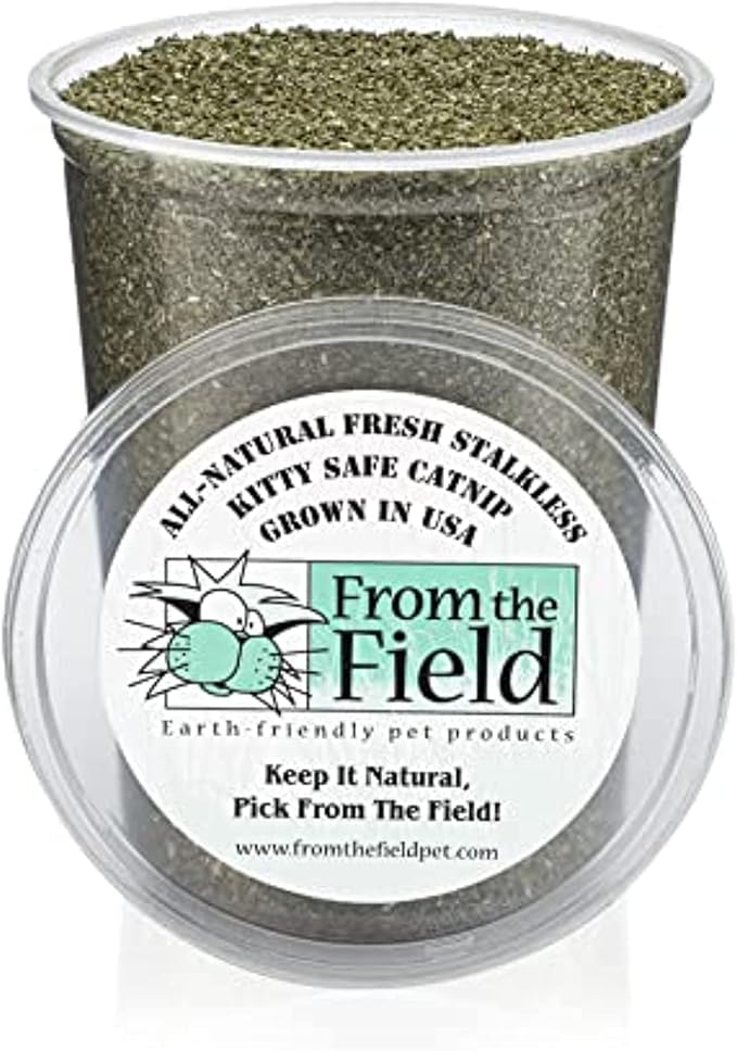from The Field | Fine Ground Stalkless Catnip | Premium USA-Grown Catnip for Toys & Playtime | Fresh, Potent, Non-Toxic, Eco-Friendly | Safe for Kittens & Cats | Resealable 6 oz Tub-Mewly Pet