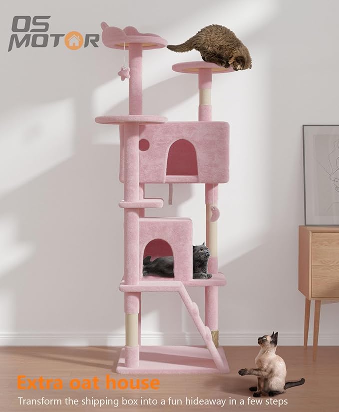70'' Cat Tree Tower for Indoor Cats Large Adult,Cute/Tall Modern Cat Tree for Big Cats 20 lbs,Plush Multi-Level Cat Condo with Scratching Posts,Dangling Ball for Fun Play(Soft Pink, 70 inch)-Mewly Pet