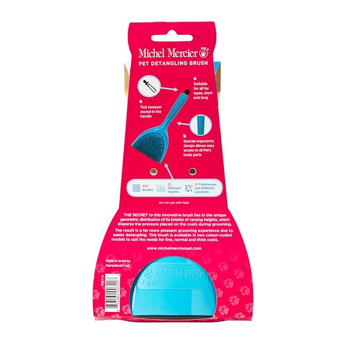 Michel Mercier Pet Detangling Brush - Thick Coat Dog & Cat Brush for Shedding & Grooming, Long/Short Haired Pets, Free Tick Remover Tool Included-Mewly Pet