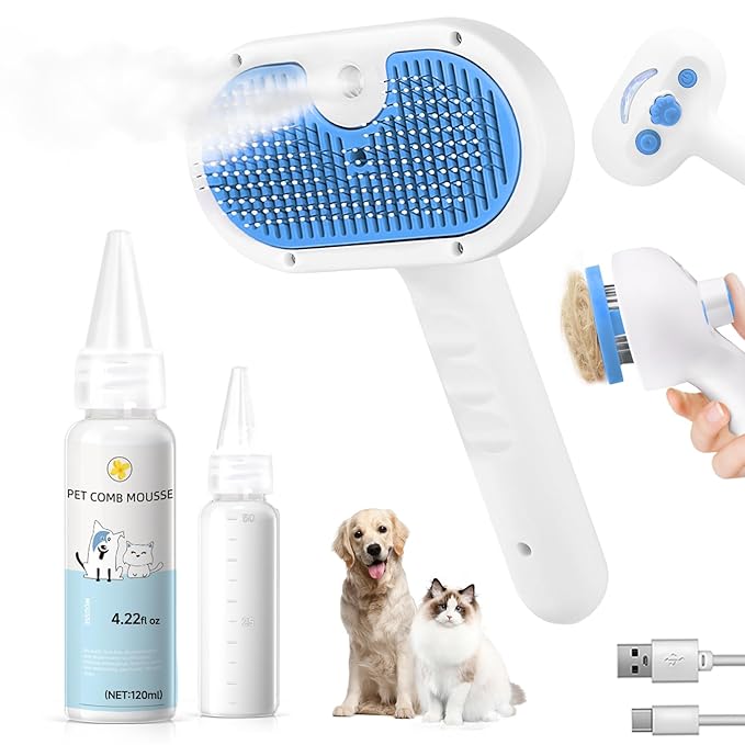 Pet Steam Brush for Dog & Cat - 3-in-1 Steam Grooming Brush for Shedding & Hair Removal - Self Cleaning Spray Comb with Mist for Long Haired Pets - Includes 1*Waterless Shampoo, Blue-Mewly Pet