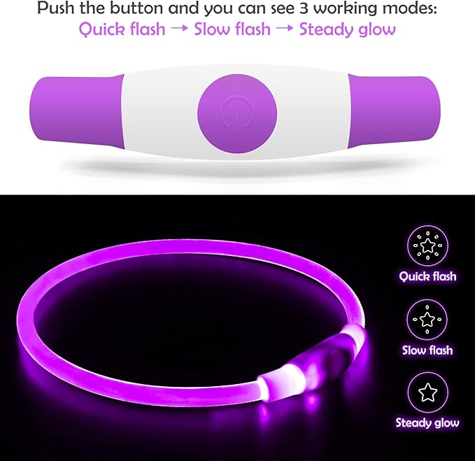 Light up Dog Collar, BSEEN USB Rechargeable Flash Dog Necklace Light, Pet Safety Collar Makes Your Beloved Dogs Be Seen at Night for Small Medium Large Dogs(Purple)-Mewly Pet