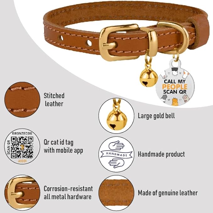 BRONZEDOG Leather Cat Collar with Removable Bells Non Breakaway Kitten QR Tag for Girl Boy (9" - 12" Cats/Mini Dogs, Light Brown & Gold)-Mewly Pet