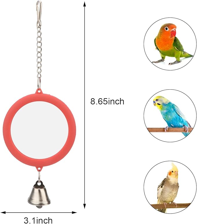 Hypeety Pet Bird Mirror with Bell Interactive Parrot Toy Bird Cage Mirror for Cockatiel Parakeets Canaries Budgie (RED)-Mewly Pet