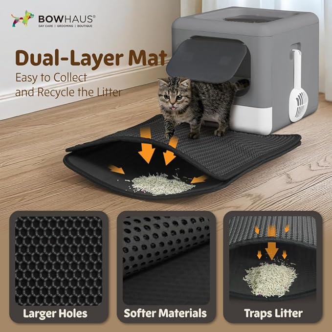 Foldable Cat Litter Box w/Lid, Scoop & Mat, Drawer Design Cat Toilet for Kitten, Two-Way Entry Kitty Litter Box, Odor Control & Easy to Clean, Dark Grey-Mewly Pet