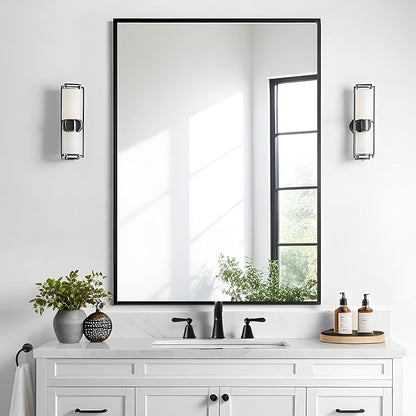 Bathroom Mirror 28x36 Inch, Black Frame Mirror 28"x36", Rectangle Wall Mounted Mirror, Metal Framed Vanity Mirror for Wall 28 by 36, Modern Mirror Hangs Horizontal Or Vertical