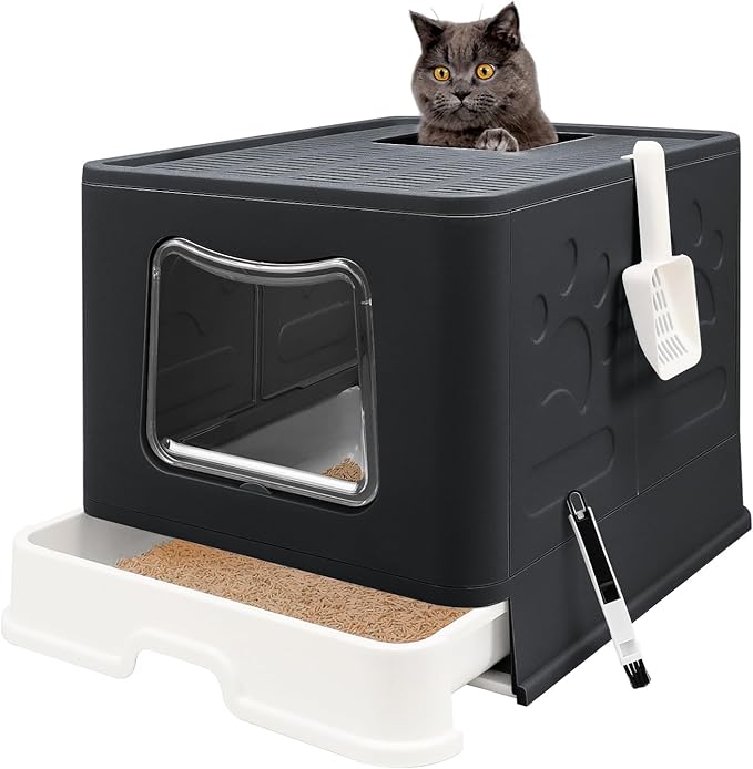 XL Foldable Cat Litter Box with Lid - Jumbo Enclosed Potty - Top Entry Anti-Splashing Toilet - Includes Scoop & 2-in-1 Cleaning Brush (Black)-Mewly Pet