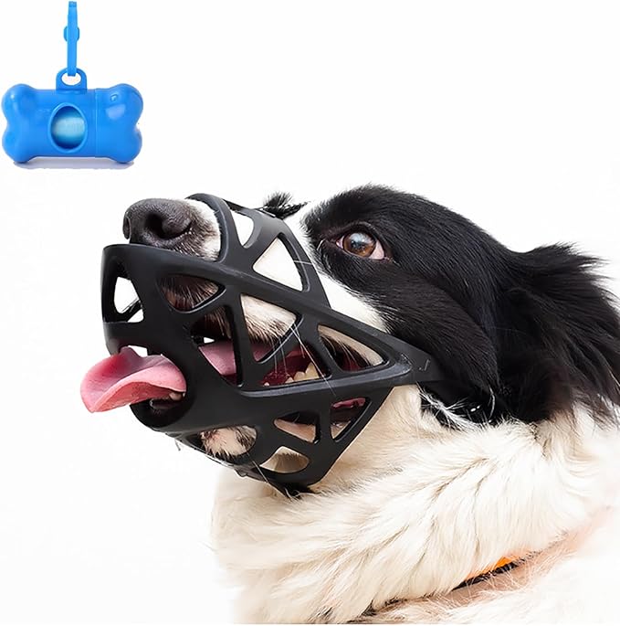Dog Muzzle, Breathable Basket and Soft Cage Black Dog Mouth Cover,Anti-Biting, Barking and Chewing for Small Medium Large Dogs, 1 Pack Poop Bags for Dogs (L)-Mewly Pet