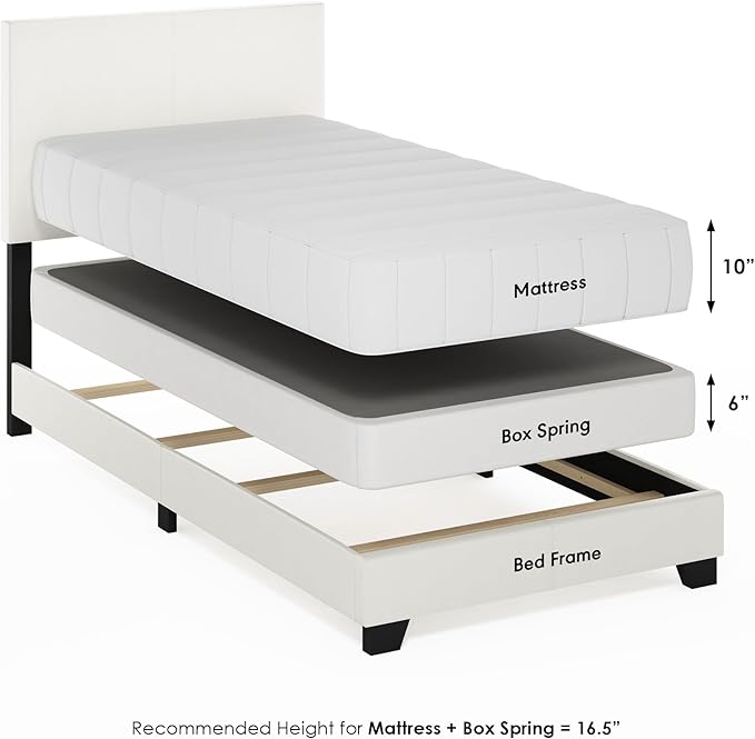 Furinno Pessac Upholstered Bed Frame, White PU Leather, Twin XL