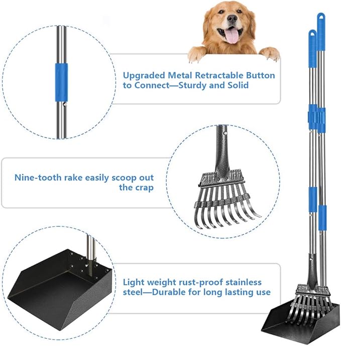 QiMH Upgraded Dog Pooper Scooper Extra Large, Adjustable Long Handle Stainless Metal Pet Poop Tray and Rake Set for Large Medium Small Dogs, Dog Waste Removal Bin Rake, Great for Grass, Street, Gravel-Mewly Pet