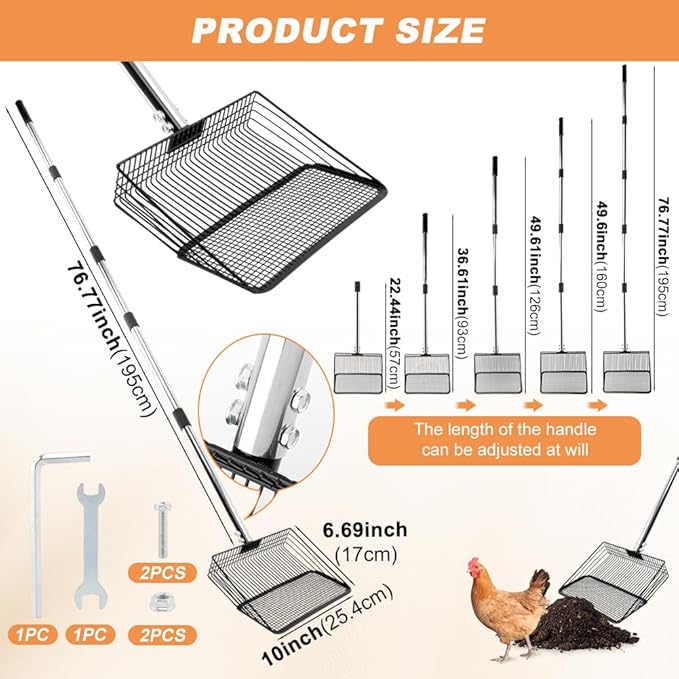 10inch Chicken Poop Scooper, Chicken Coop Scoop for Poop, 4 Sections Extended with 22 to 77inch Stainless Steel Adjustable Handle, Litter Scooper Sifting Shovel-Mewly Pet
