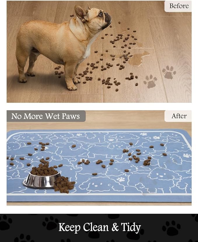 Pet Feeding Mat-Absorbent Dog Mat for Food and Water Bowl-No Stains Quick Dry Water Dispenser Mat-Dog Accessories Pet Supplies-Bowl for Messy Drinkers（BLUEDOGS,12"x19"-Mewly Pet