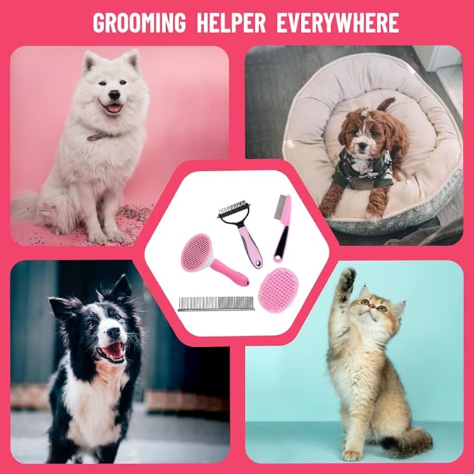 Dog Grooming Kit - Deshedding Brush for Short Hair, Slicker Brush, Flea Comb, Puppy Brush Set in Pink-Mewly Pet