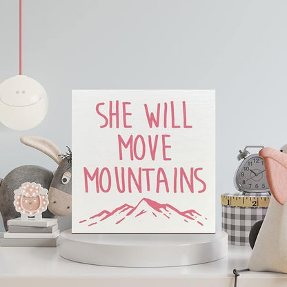 Wooden Box Sign: She Will Move Mountains - Inspirational Girls Room Decor, Motivational Nursery Gift for Baby Showers