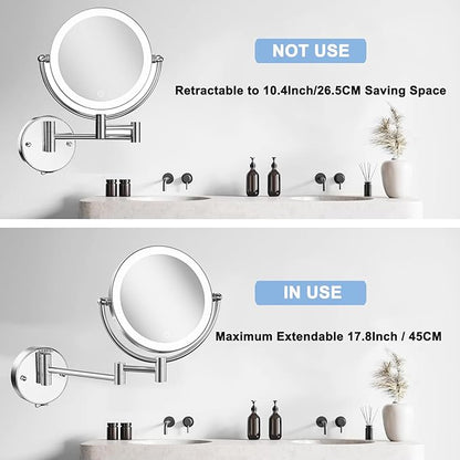 Wall Mounted Makeup Mirror with Lights and 10X Magnification, 8 Inches Rechargeable Double Sided Magnifying, Touch Dimmable Extended Arm 360 Rotation, Foldable Vanity Mirror for Bathroom
