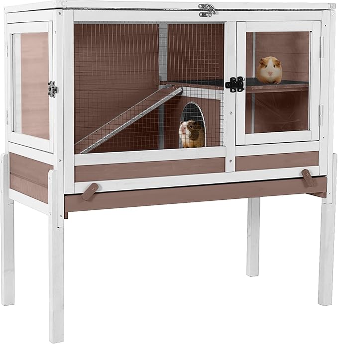 GUTINNEEN Rabbit Hutch Bunny House, 36.6" L Rabbit Cage with Anti Chewing Ramp, Guinea Pig Cage with Cooling Galvanized Sheet, Detachable Legs(Brown)-Mewly Pet
